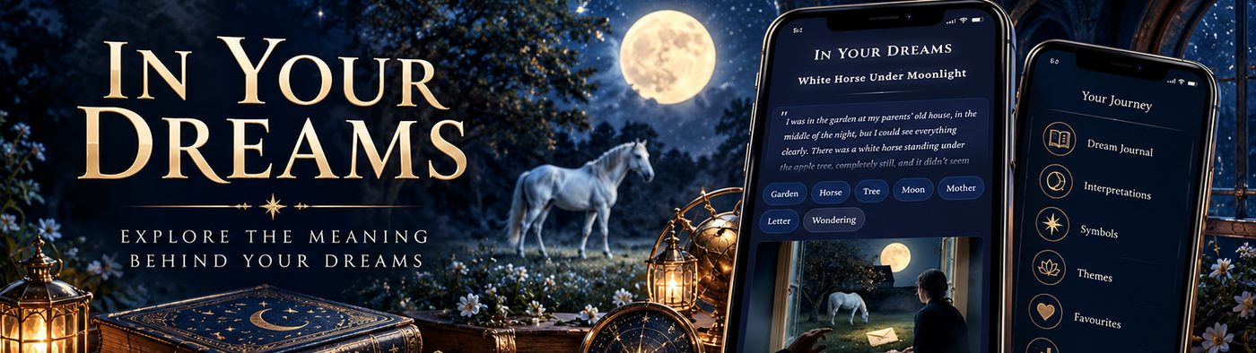 In Your Dreams promotional artwork: a white horse under moonlight beside phone screens of the app