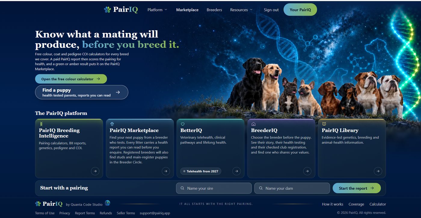 PairIQ home page: breeding intelligence, marketplace and breeder tools